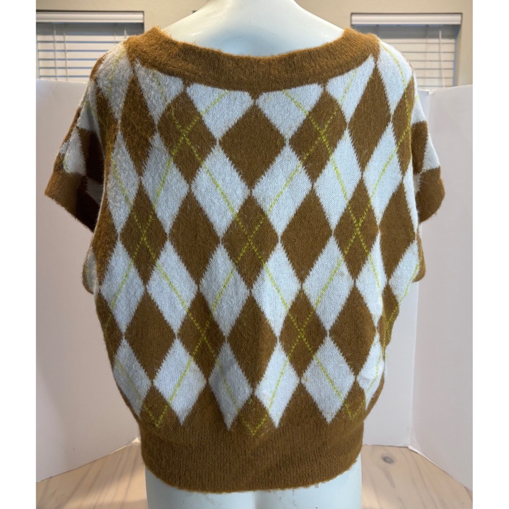 Free People Argyle V-Neck Sweater Vest‎ Brown White Fuzzy Cropped Small Preppy - Picture 8 of 11